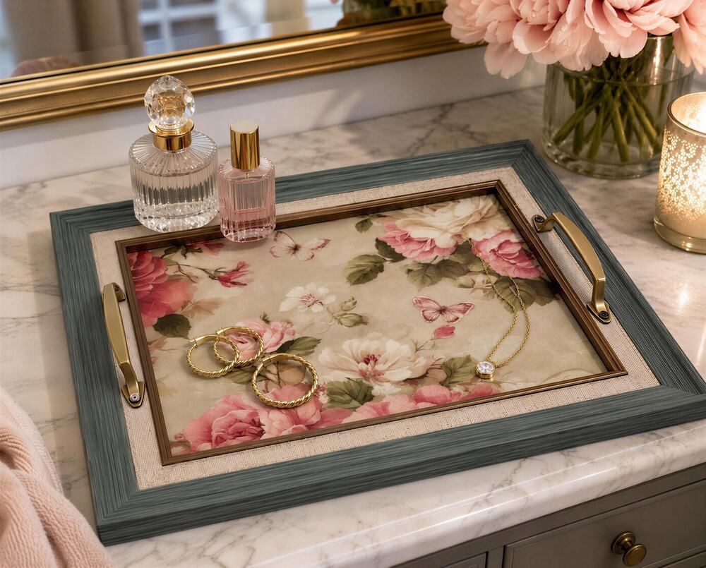 Floral Vanity Tray | Brass Handles | Upcycled Frame, Cottage Style, 12.5x10.5